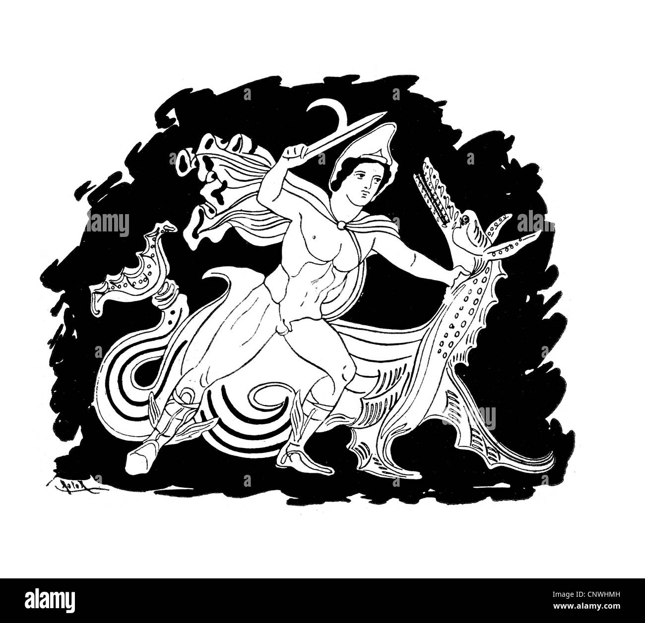 Un antiguo héroe griego matando un dragón o gusano Foto de stock