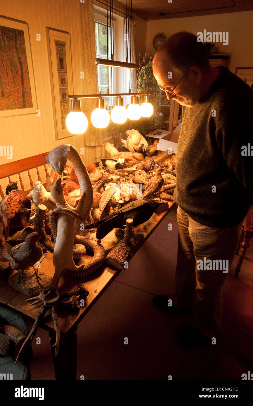 Anciano de pie en una sala en frente de las mesas llenas de animales de peluche y trofeos de caza Foto de stock