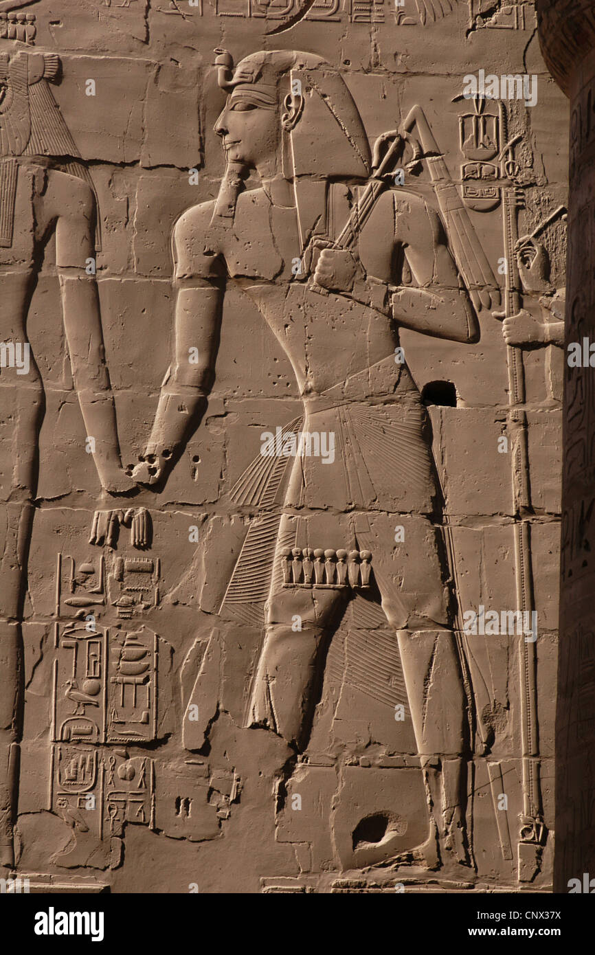 El faraón Ramsés II. Alivio en la gran sala hipóstila salen en el complejo del templo de Karnak en Luxor, Egipto. Foto de stock