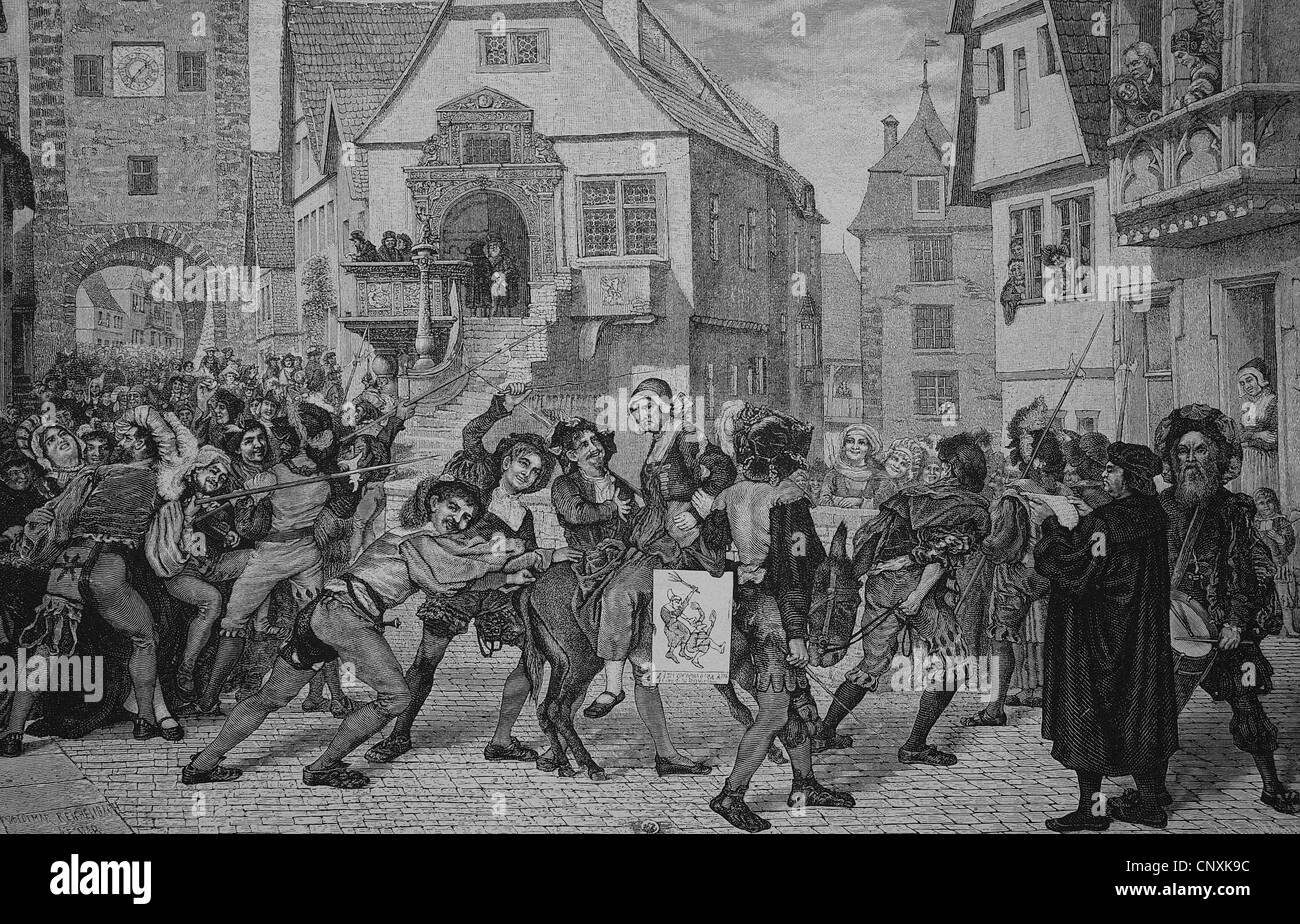 El castigo para el malestar interno en la Edad Media, histórico grabado, 1883 Foto de stock
