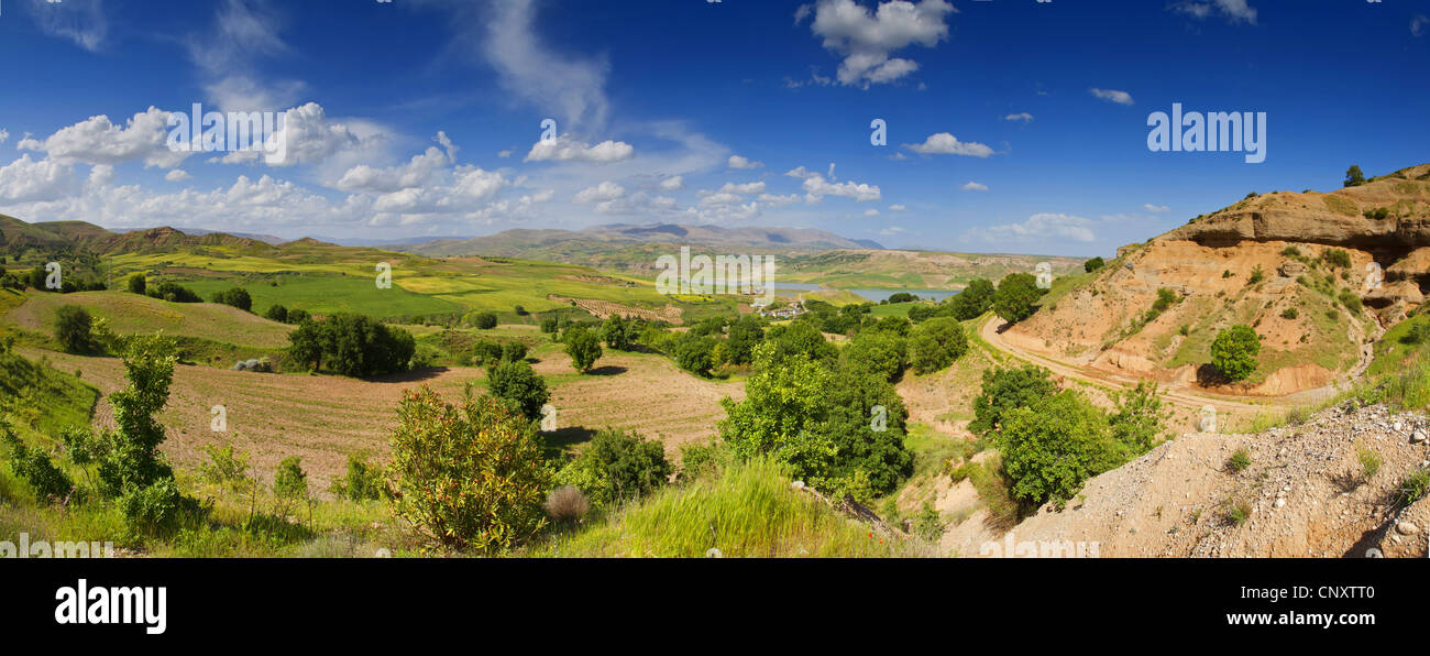 Los residuos de Bush y el paisaje con el lago Roca, Turquía, Adyaman, Karadut Foto de stock