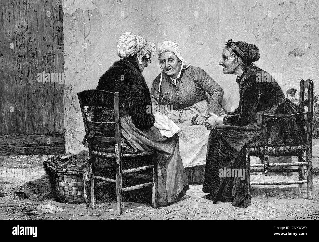 Gossipers, histórico grabado en madera, 1897 Foto de stock