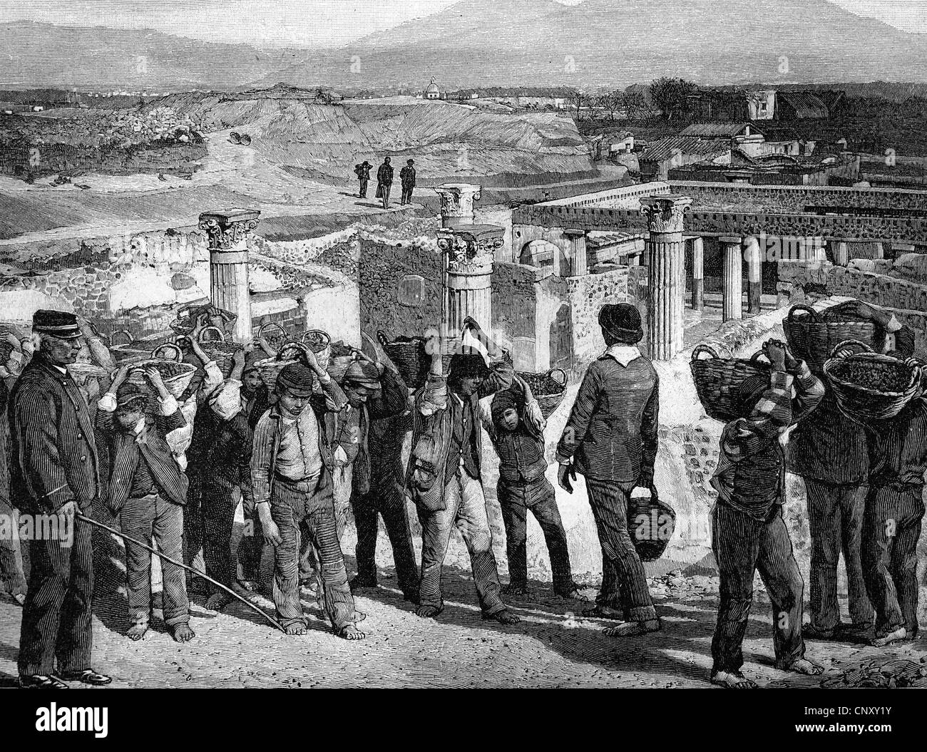 En las excavaciones de Pompeya, Italia, en 1897, el histórico grabado en madera, 1897 Foto de stock