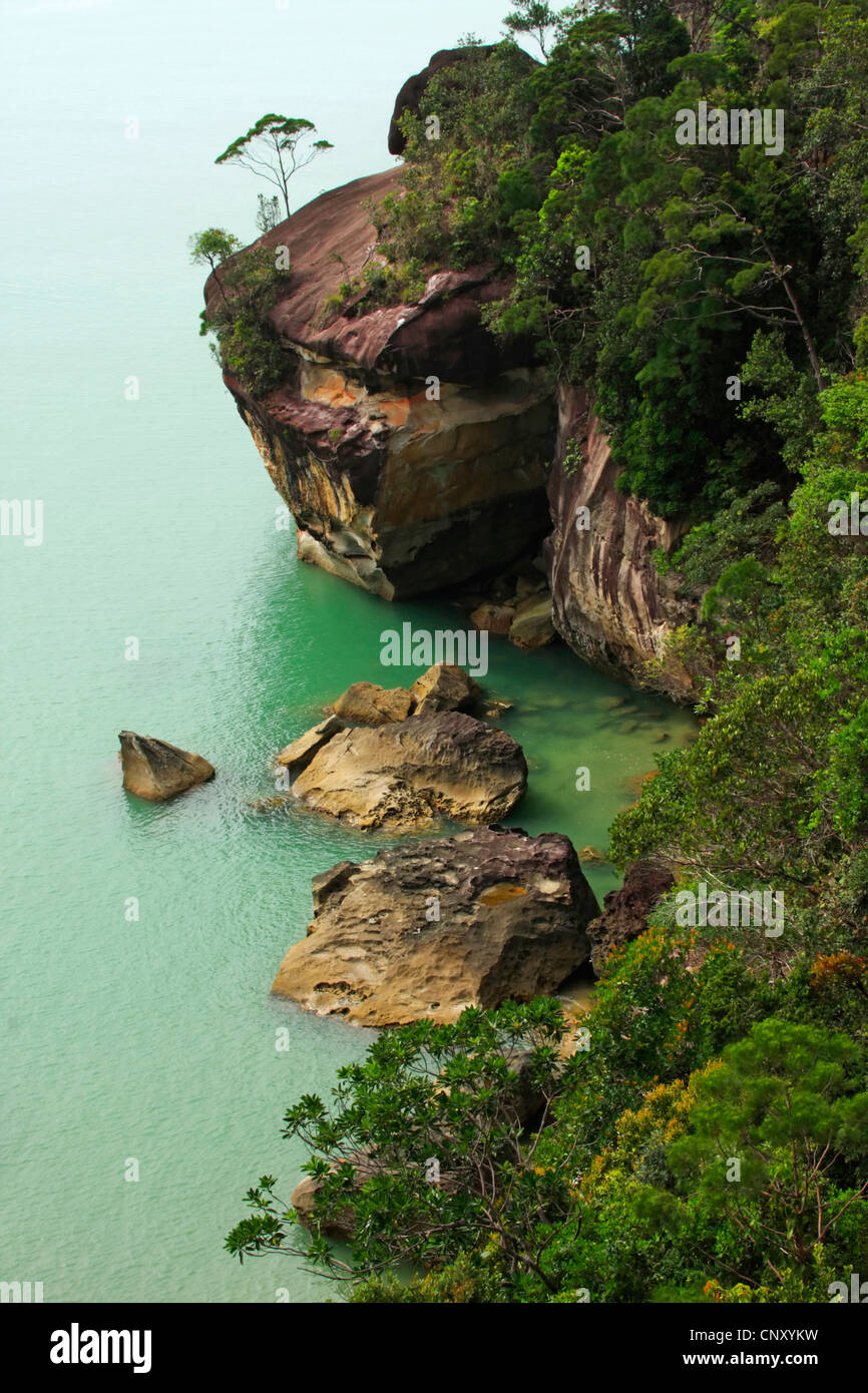 Vista al mar por una escarpada costa de roca desde fuera de un bosque tropical, Malasia, Sarawak, el Parque Nacional Bako, Borneo Foto de stock