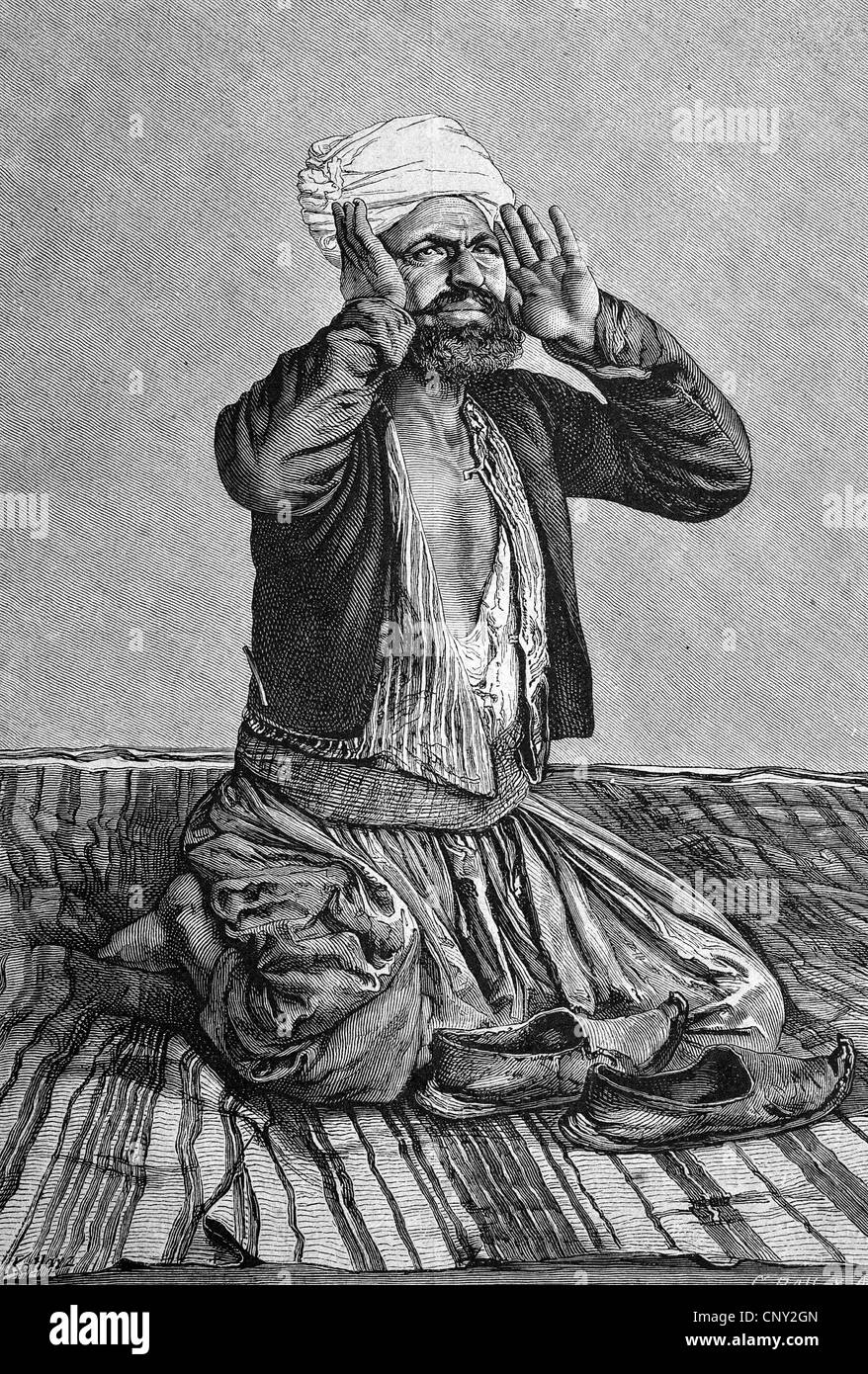 Musulmanes rezando, histórico grabado, alrededor de 1888 Foto de stock