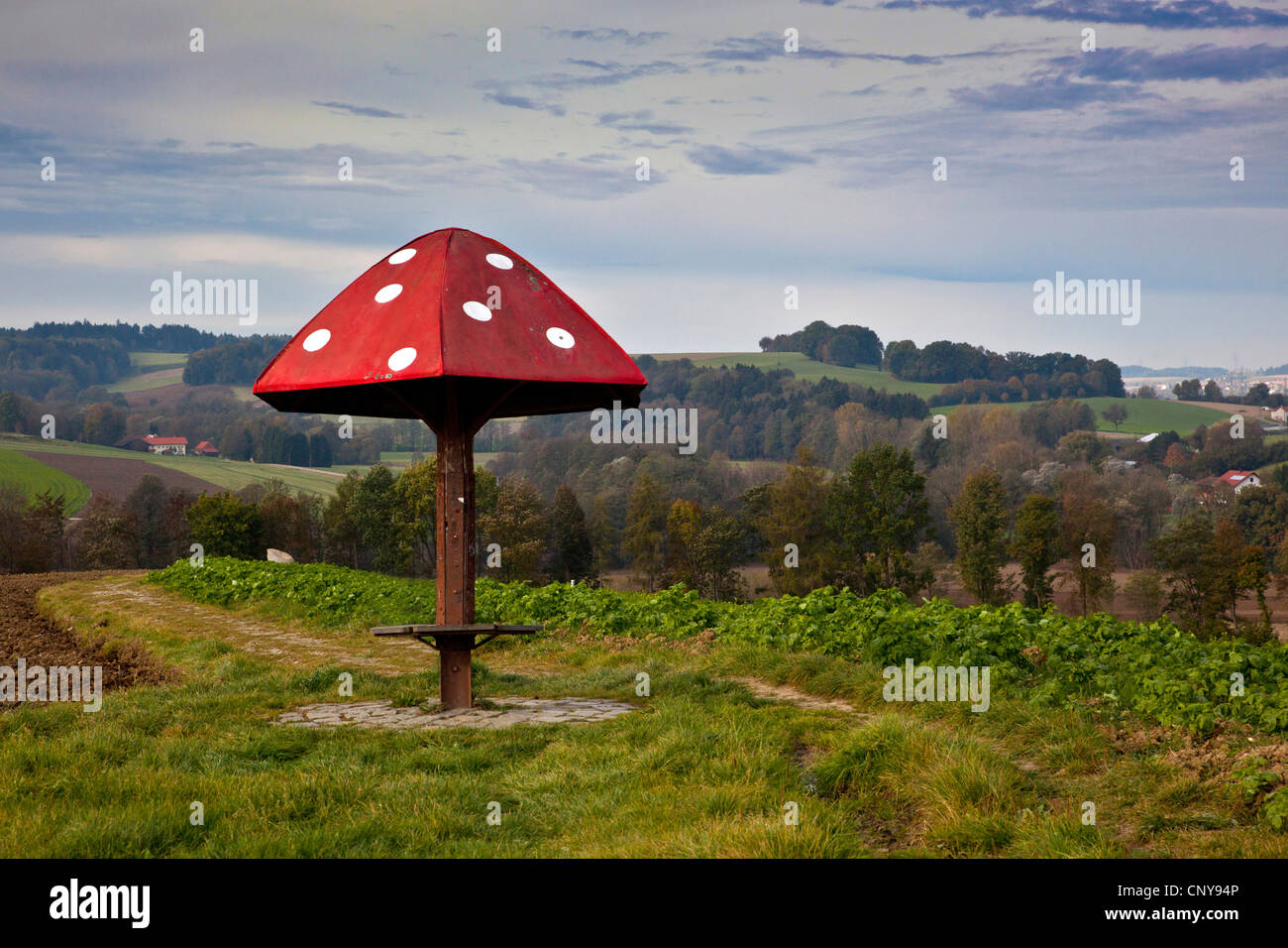 Refugio para excursionistas modela en la del "reig bord" en una cresta de colinas entre campos, Baviera, Alemania, Dorfen Isental Foto de stock