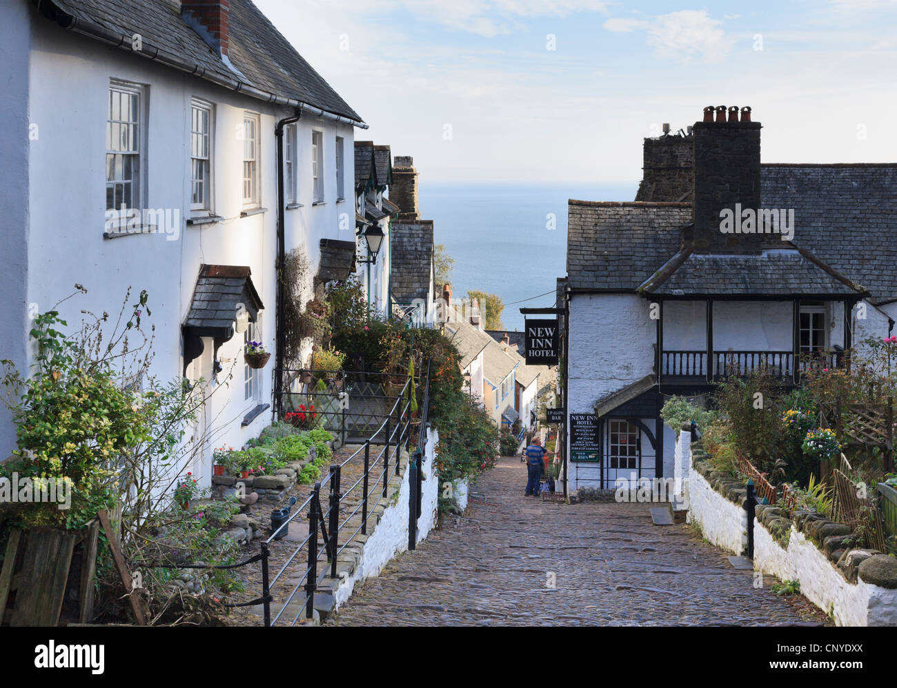 Vistas al mar hacia abajo empinadas y estrechas y empedradas calles de la pintoresca aldea vieja de Clovelly, North Devon, Inglaterra, Reino Unido, Gran Bretaña Foto de stock