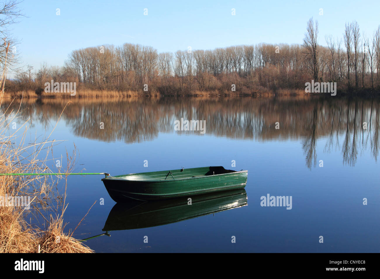 Paisaje en el viejo Rin con sogas de un barco por el río en un soleado día de invierno, Alemania Foto de stock