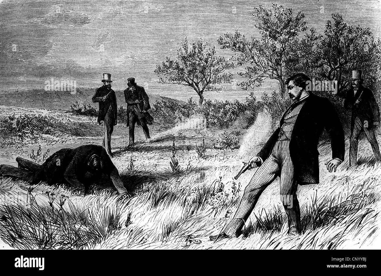 Justicia, duelo, duelo con pistolas, basado en dibujo de W. Katzler, grabado en madera, 1872, Derechos adicionales-Clearences-no disponible Foto de stock