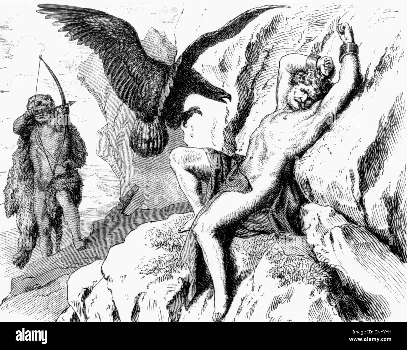 Hércules (Herakles), héroe griego, hijo de Zeus, matando al águila, que está recogiendo el pecar el hígado de Prometeo, dibujando por Leutemann, siglo 19, Foto de stock