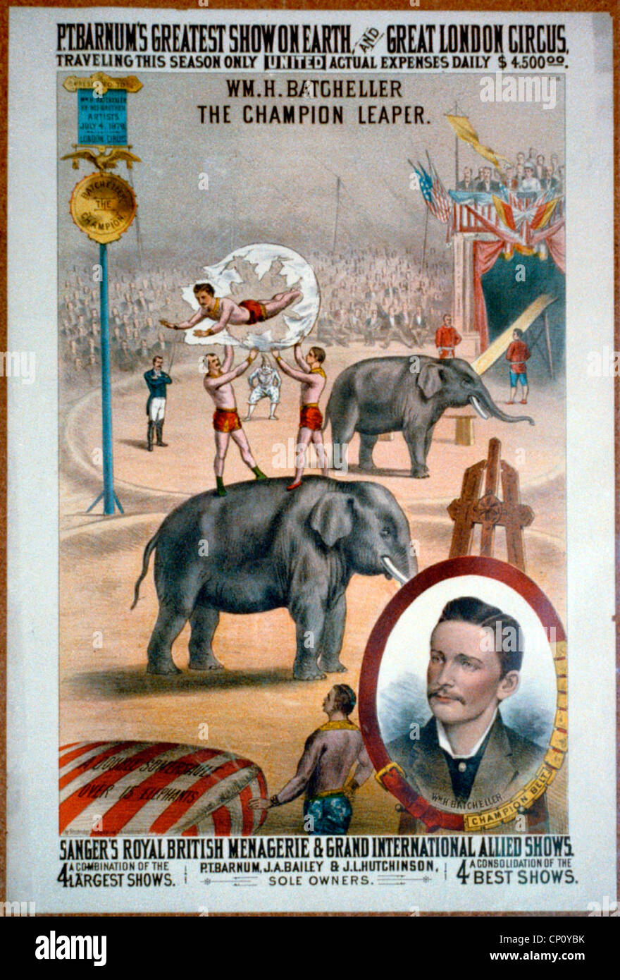 P.T. Barnum del mayor espectáculo de la tierra, y el gran circo de Londres, Vintage poster de circo, circa 1879 Foto de stock