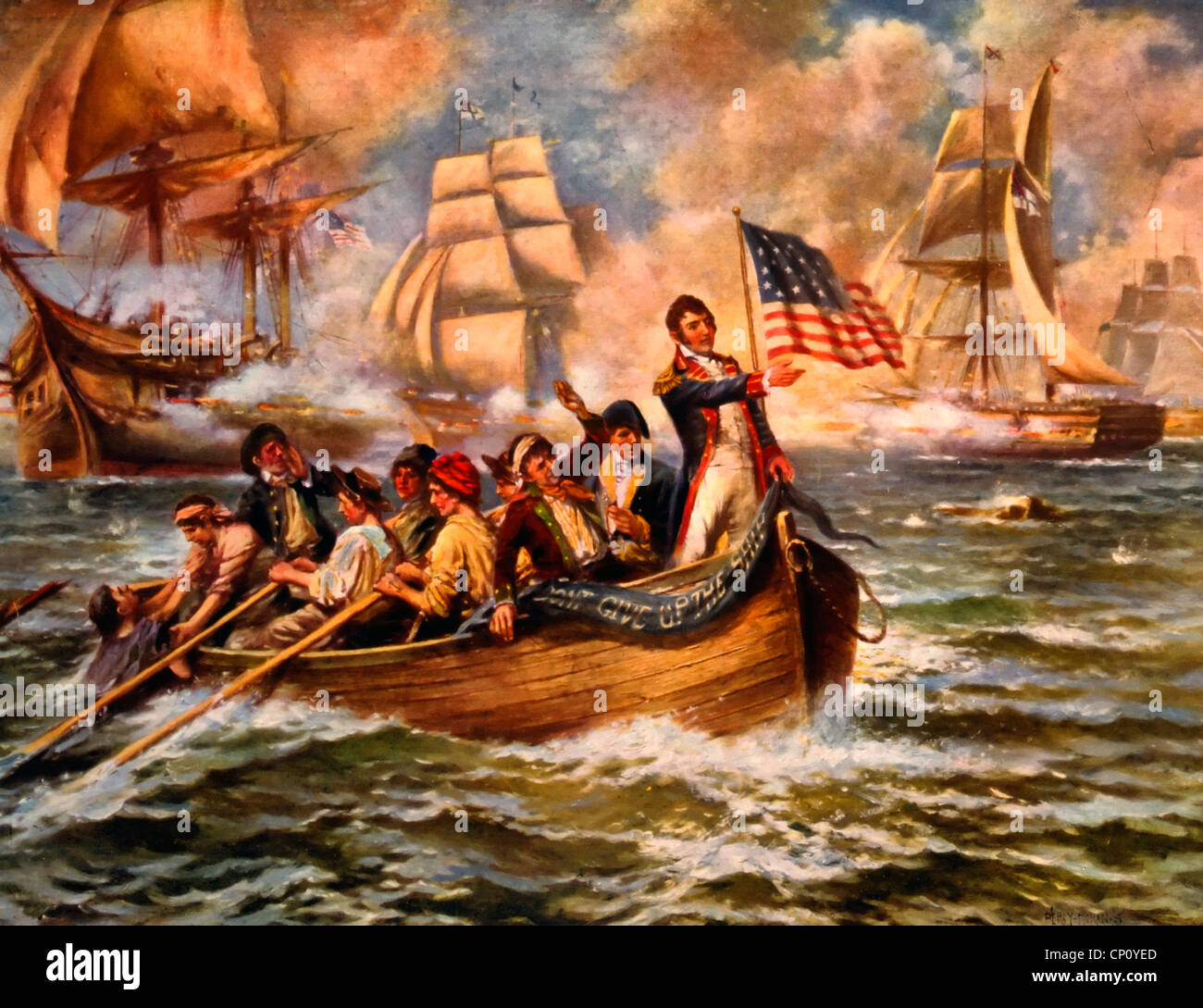 La batalla del Lago Erie - Oliver peligro permanente de Perry en la parte delantera del barco pequeño después de abandonar a su buque insignia, el Lawrence, 1813 Foto de stock