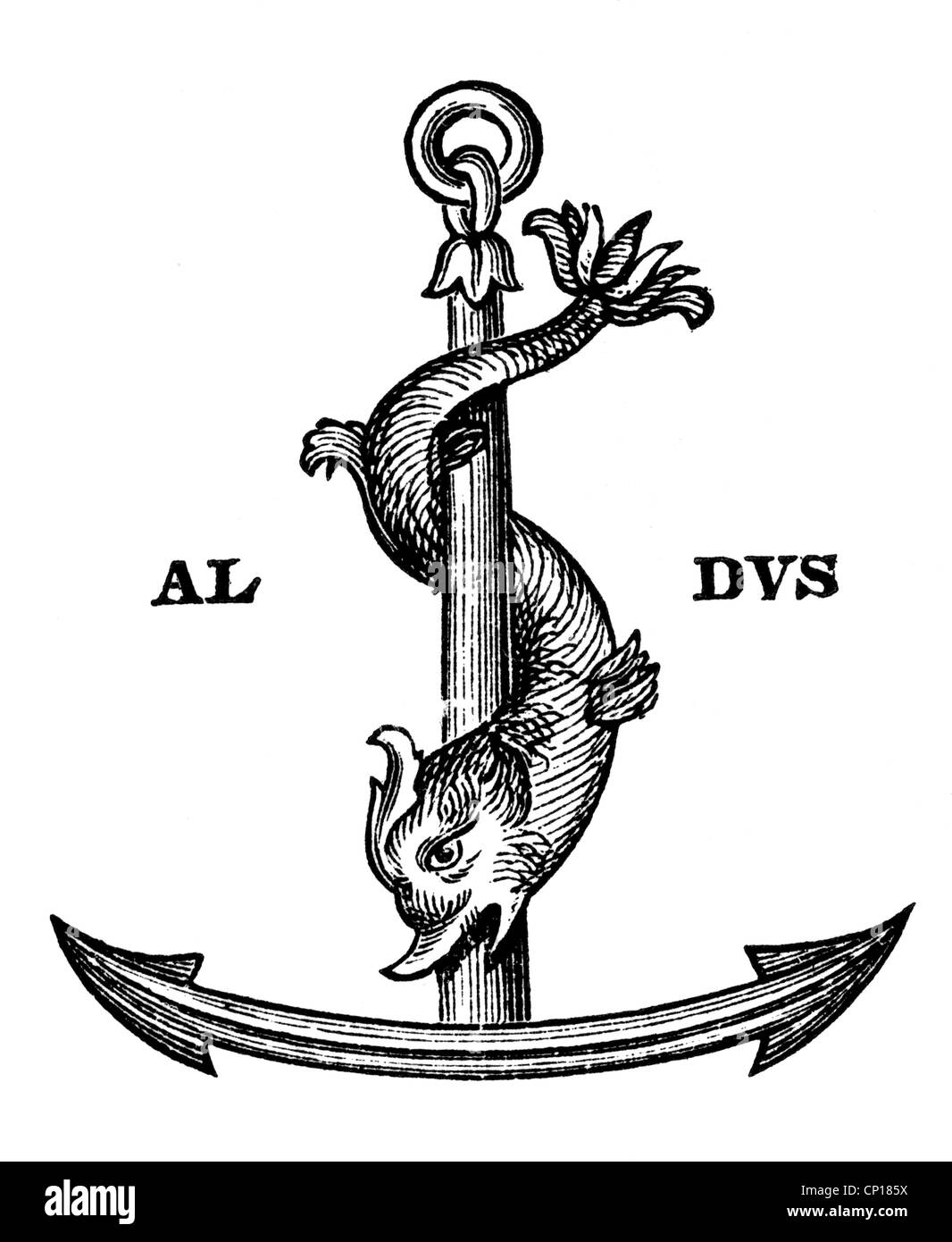 Manutius, Aldus the Elder, 1449 - 6.2.1515, impresora veneciana, su Marca, símbolo, logotipo, herálseco, Venecia, serpiente de mar, serpientes de mar, ancla, anclas, impresos, firmar, , Foto de stock
