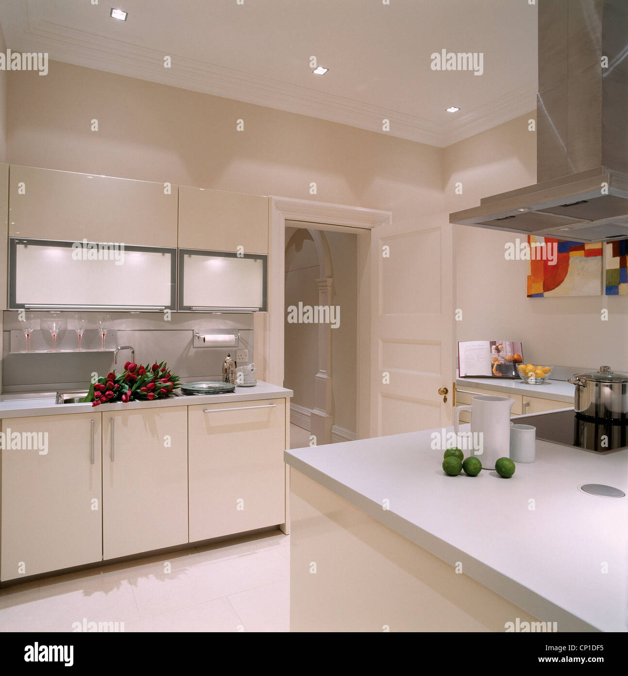 Una moderna cocina blanca con una isla central, unidad de ventilador  extractor de acero inoxidable sobre una isla, unidad con cocinilla  eléctrica Fotografía de stock - Alamy