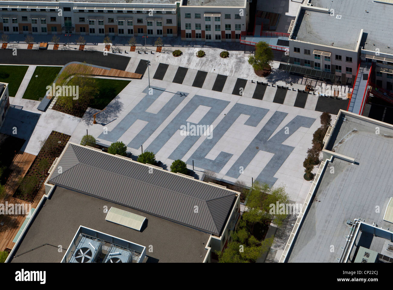 Fotografía aérea de la Sede de Facebook, 1 Hacker Way, Menlo Park, el condado de San Mateo, California Foto de stock