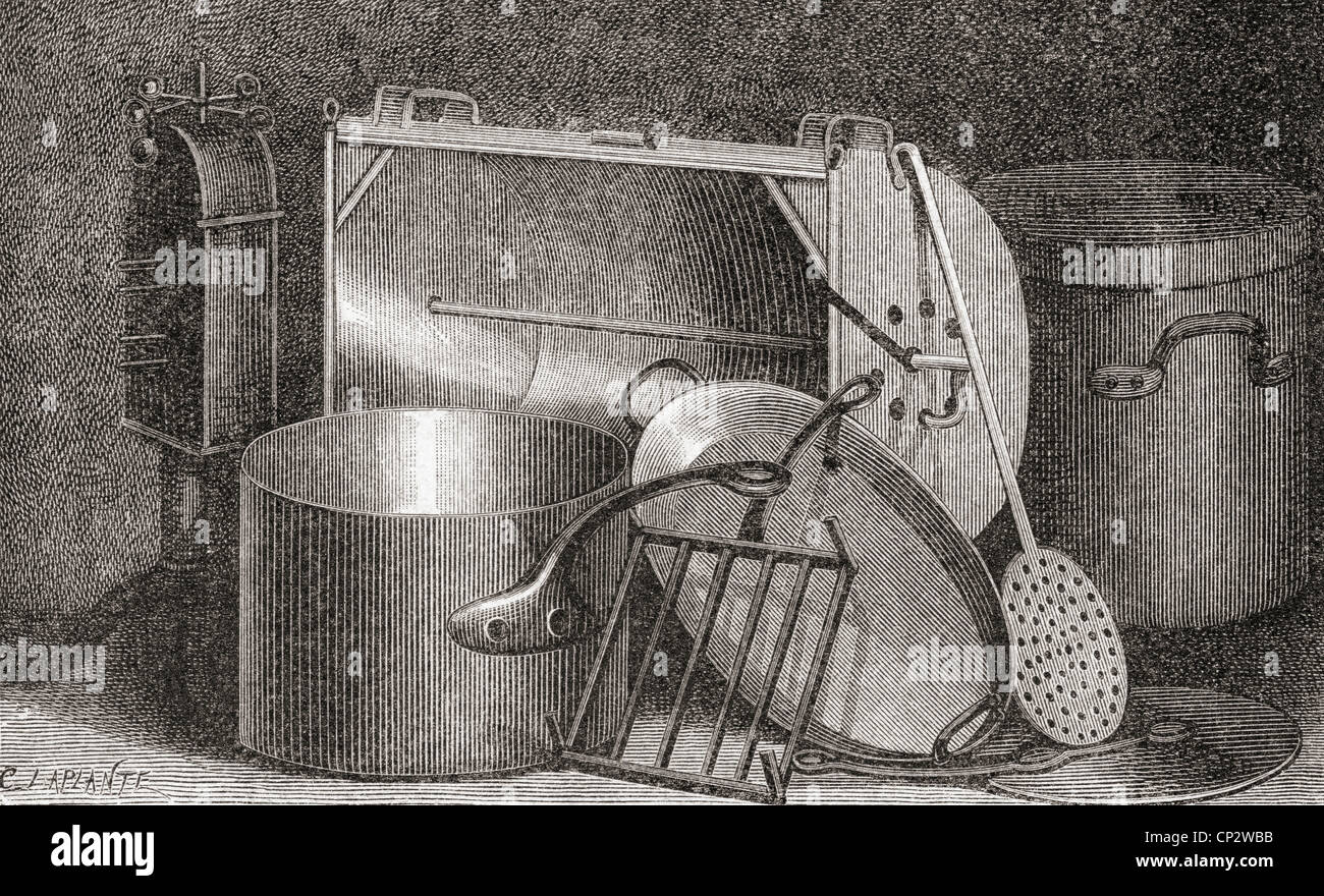 Los utensilios de cocina. Desde el siglo XIX la impresión. Foto de stock