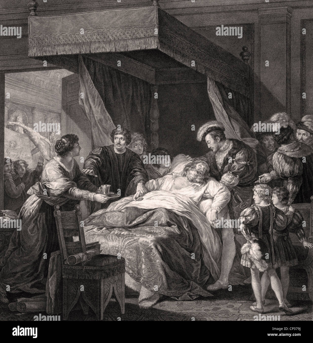 La muerte de Leonardo da Vinci en el Clos Lucé. Francisco I, Rey de Francia, sostiene en sus brazos de Leonardo como el artista sienta morir. Foto de stock