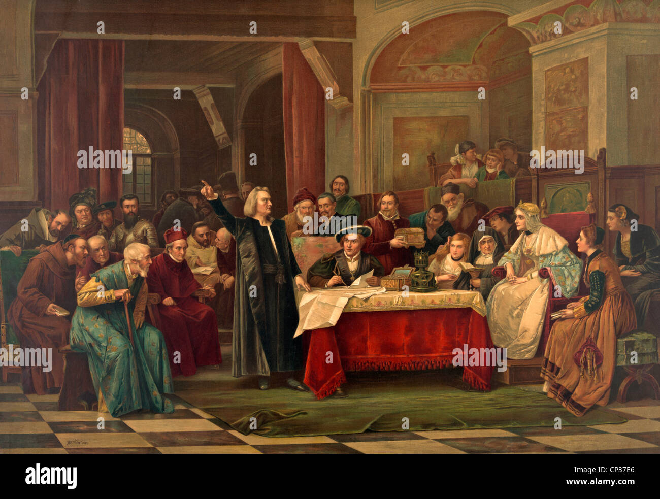 Cristóbal Colón en la corte española solicitando el apoyo financiero de la Reina Isabel y el rey Fernando. Foto de stock