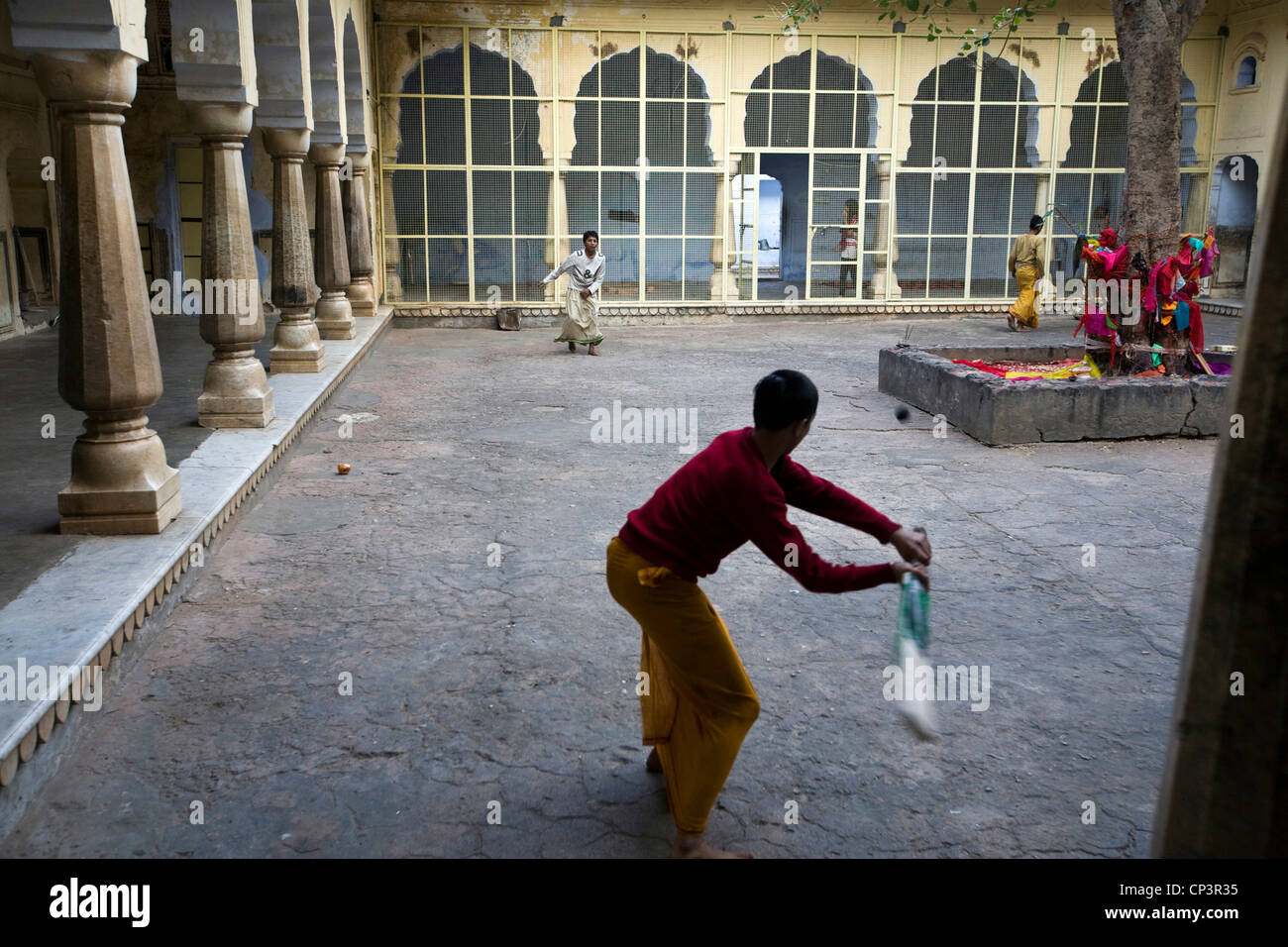 Los chicos jugar cricket dentro de uno de los edificios de la Surya Mandir (conocido como el Templo del mono), Jaipur, India Foto de stock