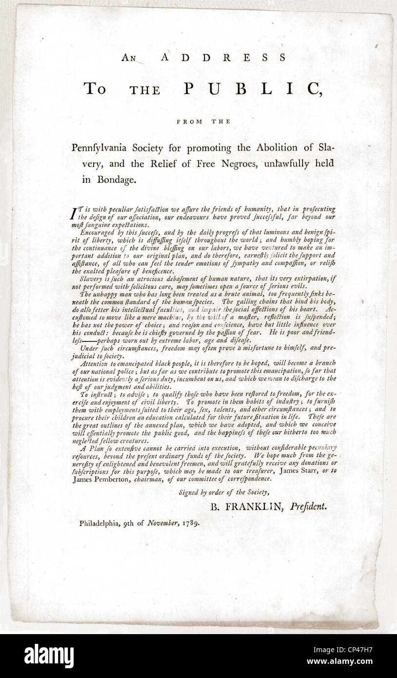 Dirección abolicionista por Benjamin Franklin. Como Presidente de la sociedad de Pensilvania para promover la abolición de la esclavitud Foto de stock