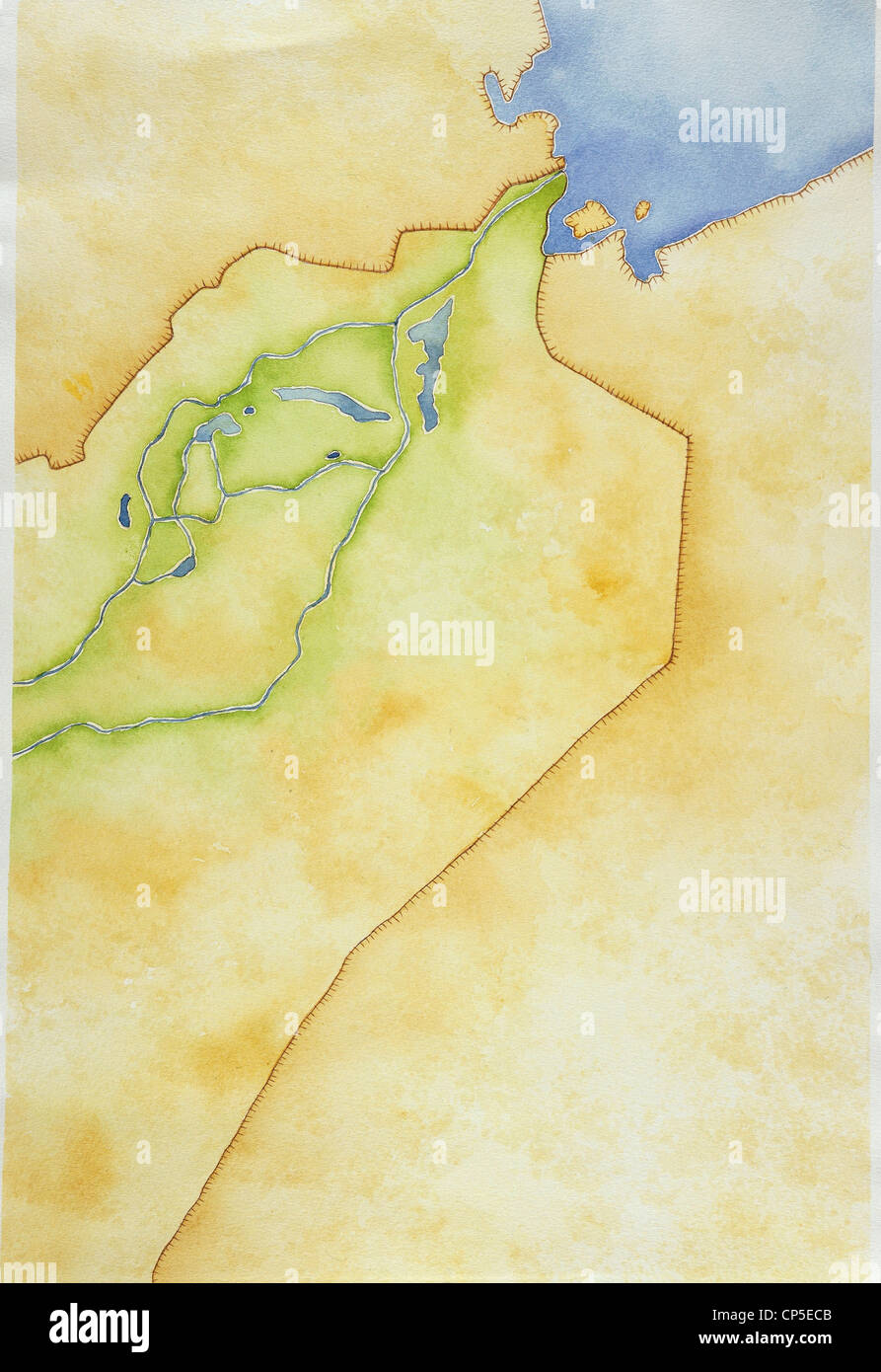 La cartografía. Mapa de esquema de Mesopotamia y el Eufrates. Dibujo. Foto de stock