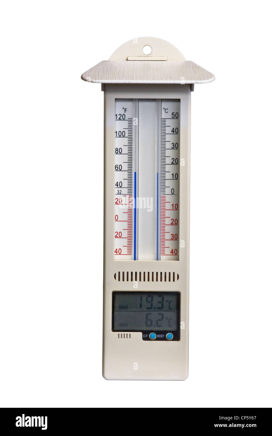 Termómetro de máxima y mínima, con las escalas Fahrenheit y Celsius. Foto de stock