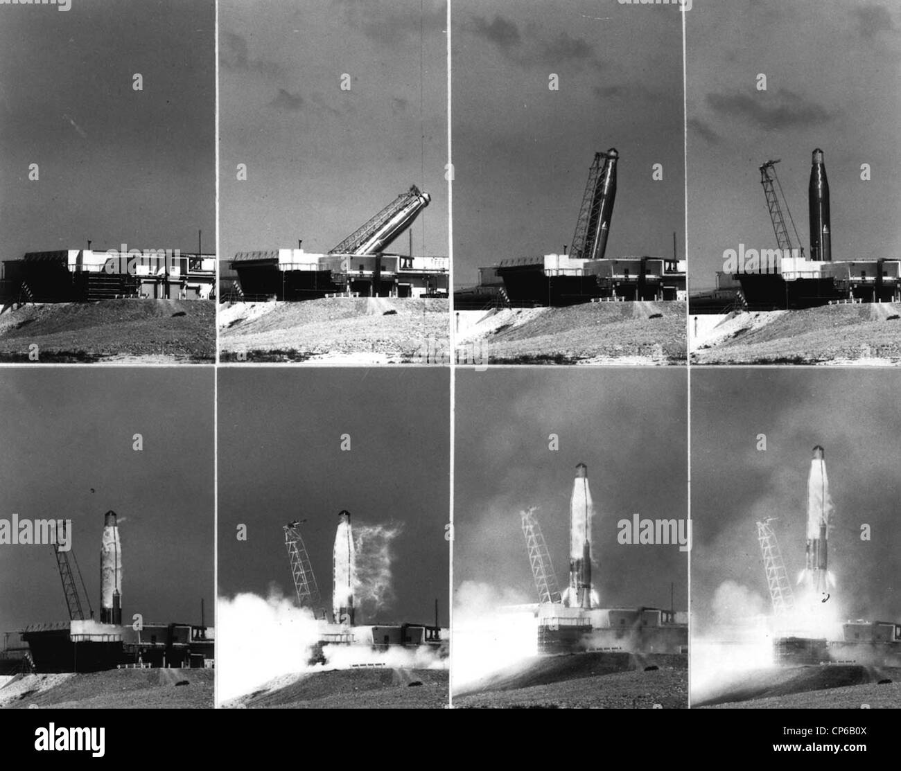 Atlas D #25D ICBM se muestra en una secuencia de imágenes está construido y lanzado. Foto de stock