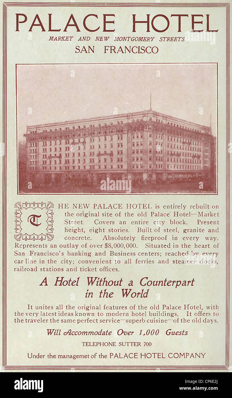 Mostrar publicidad para la "Nueva Palace Hotel' en San Francisco, California, desde 1911, el Libro Azul de San Francisco. Foto de stock