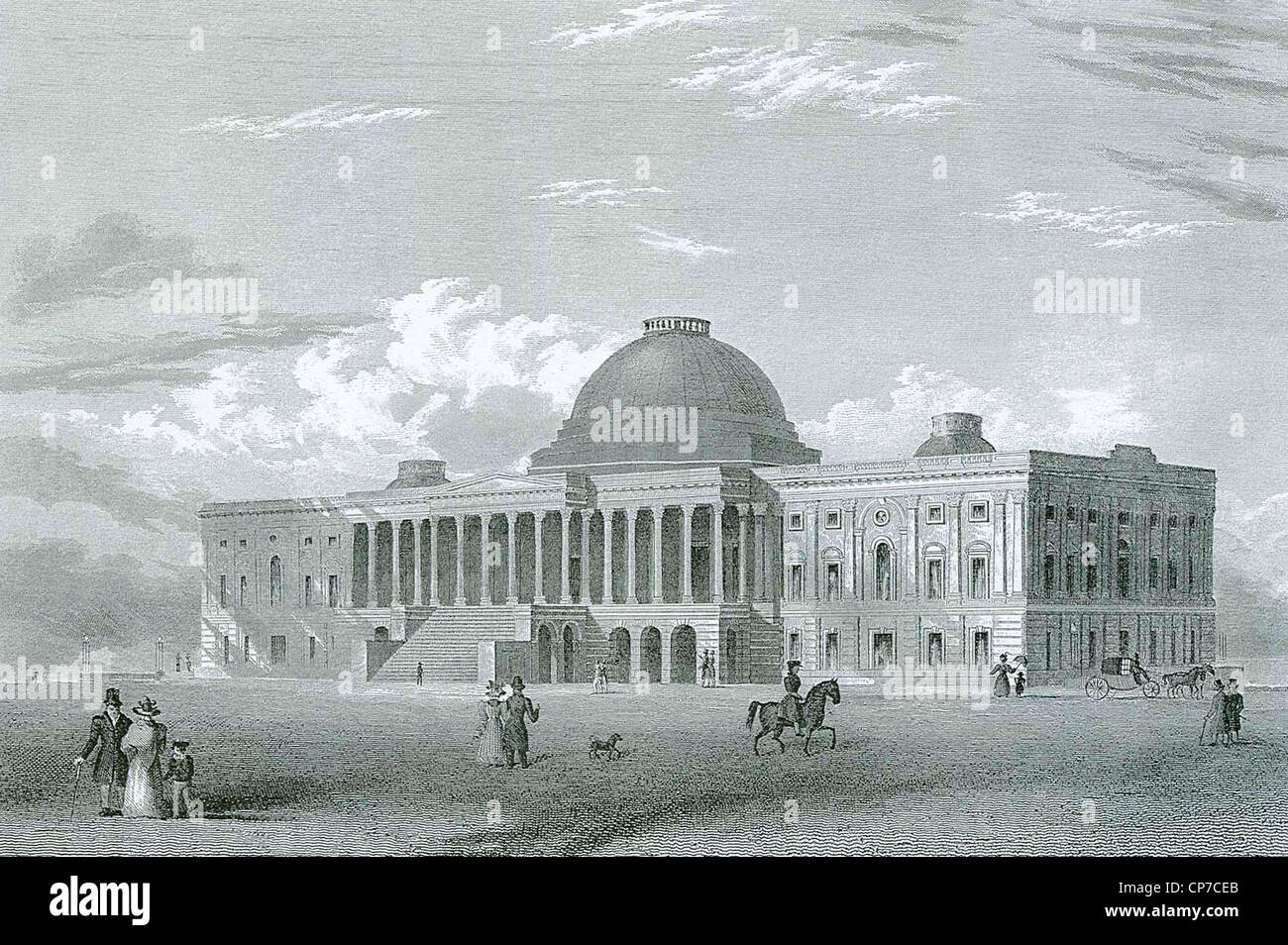 Grabado del edificio del Capitolio de los Estados Unidos, Washington D.C, EE.UU. grabada por Joseph Andrews en 1840. Foto de stock