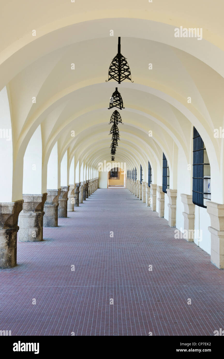 Colonnade arqueado bajo el edificio del Gobierno Provincial era italiano, la nueva ciudad de Rodas, la isla de Rodas, Grecia Foto de stock