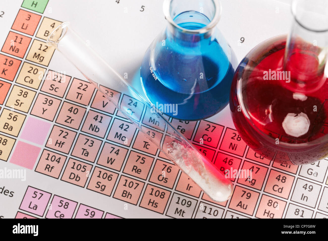 Foto de una tabla periódica de elementos con matraces y tubos de ensayo que contienen productos químicos líquidos y en polvo. Foto de stock