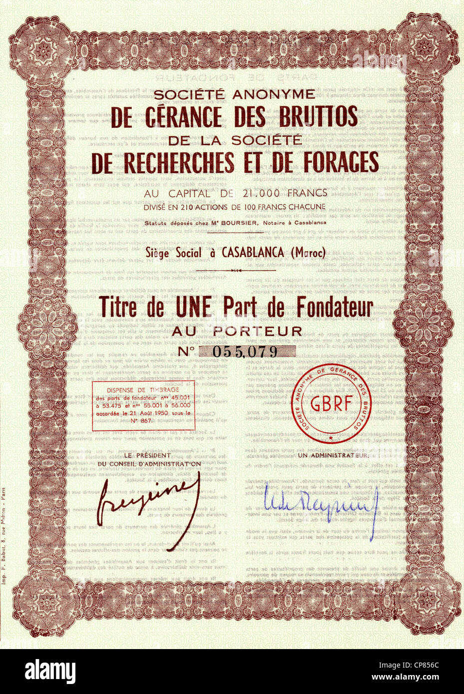 Certificado de acciones histórico colonial, compartir, 100 francos franceses, exploración y perforación en busca de recursos naturales, Casablanca, Marruecos Foto de stock