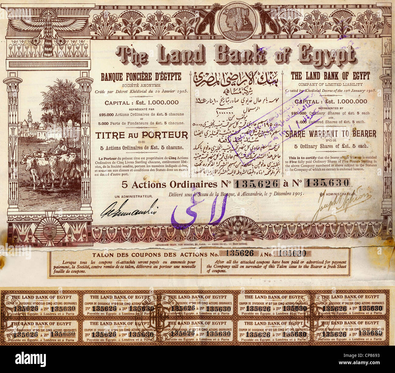Historic Stock certificado, Historische Aktie, Banco de Tierras de Egipto de 1905, Alejandría, Ägypten, Europa Foto de stock