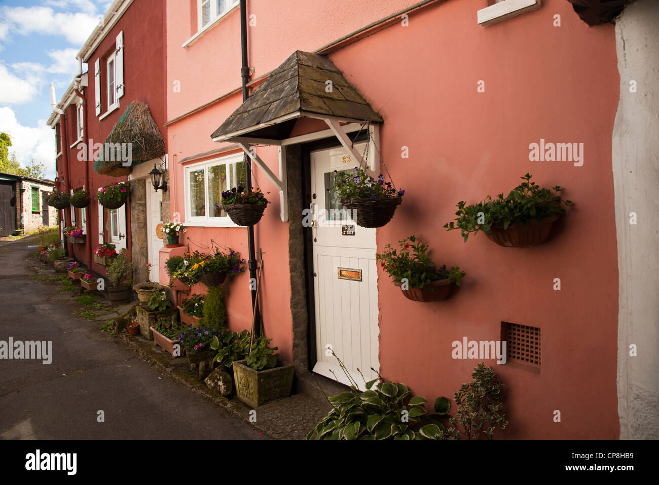 Hilera de casas bonitas en la tranquila aldea de Devon. Foto de stock