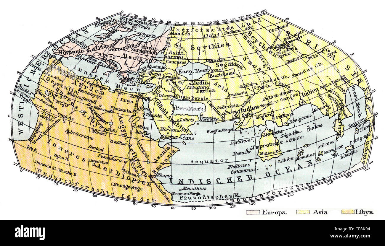 Mapa histórico del siglo XIX, el mapamundi de Claudio Ptolomeo, circa 100-180 AD, matemático, geógrafo griego astron Foto de stock