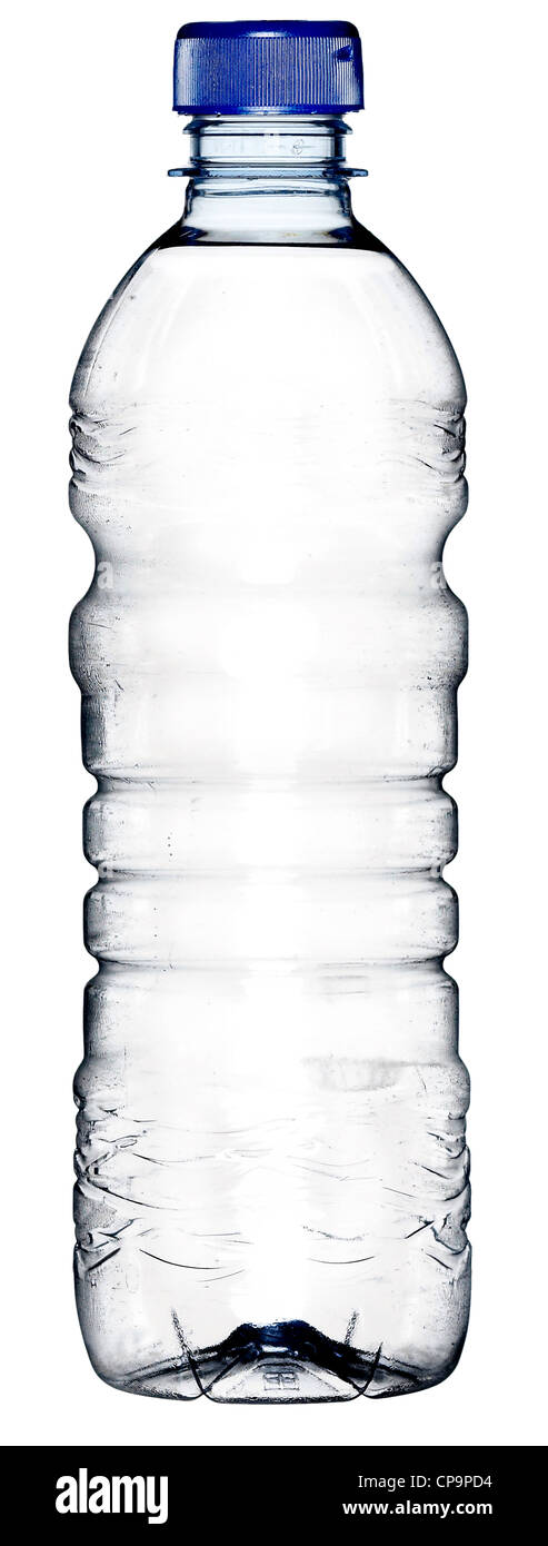 Botella de agua de plástico lleno de H2O borrar estriada Foto de stock