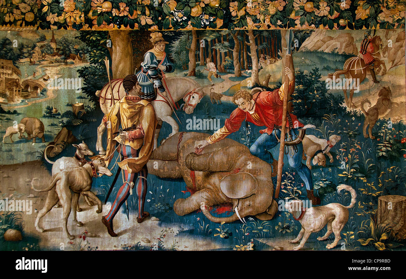 La caza de elefantes de 1530 en el norte de Francia o Flandes tapiz de lana y seda Foto de stock
