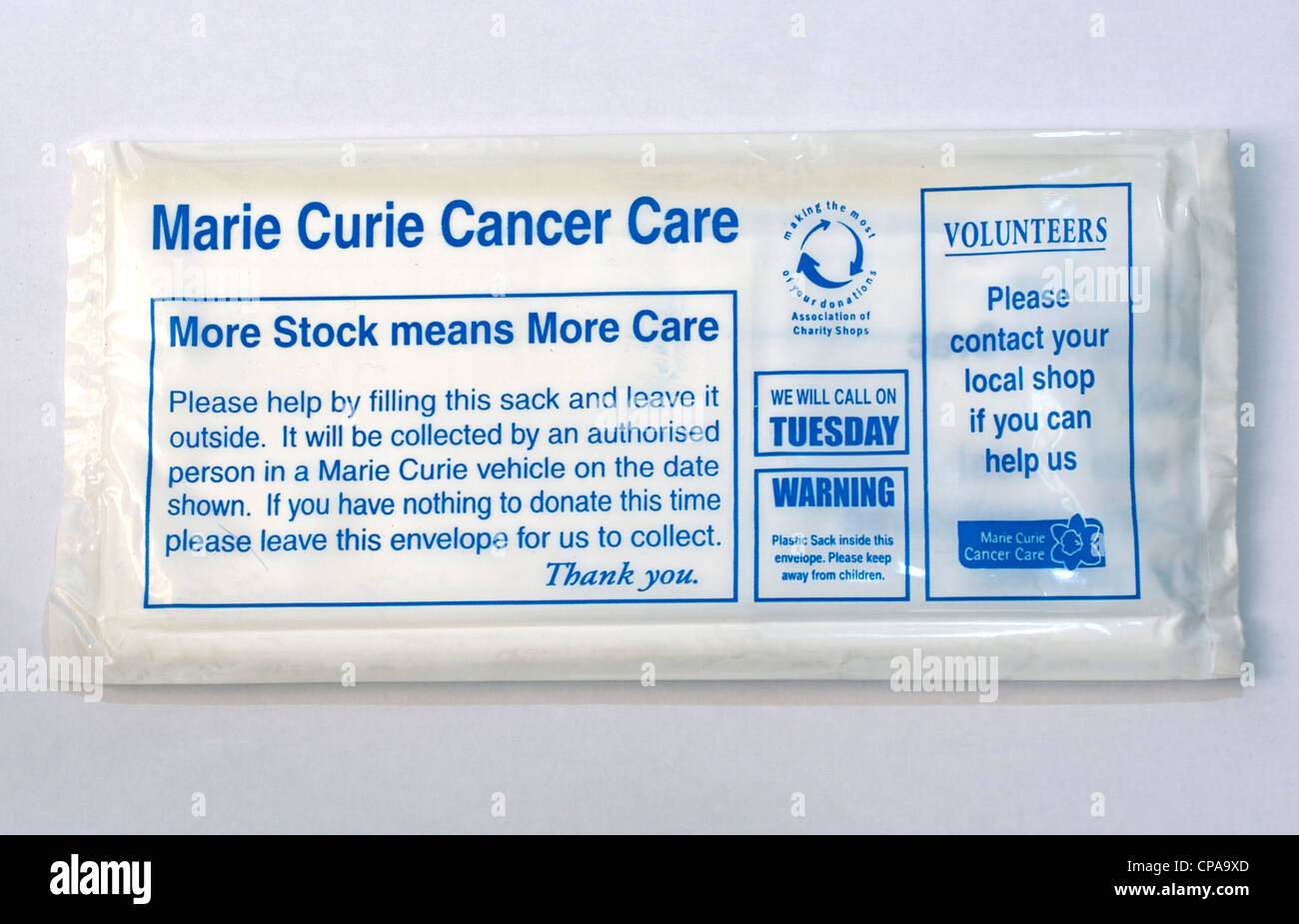 Marie Curie Cancer Care - retroceso de la bolsa de recolección. También  está disponible el delantero (CPA9X2 Fotografía de stock - Alamy