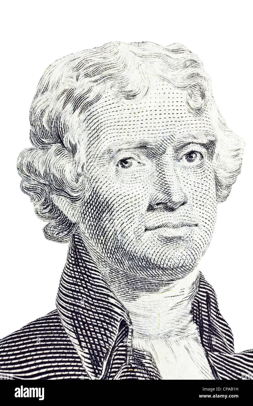 Thomas Jefferson aisladas macro en la vertical de nosotros dos Dollar Bill. Foto de stock