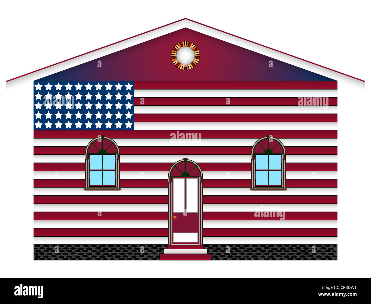 Bandera estadounidense casa pintada sobre fondo blanco, abstracto arte vectorial ilustración; imagen contiene transparencia Foto de stock