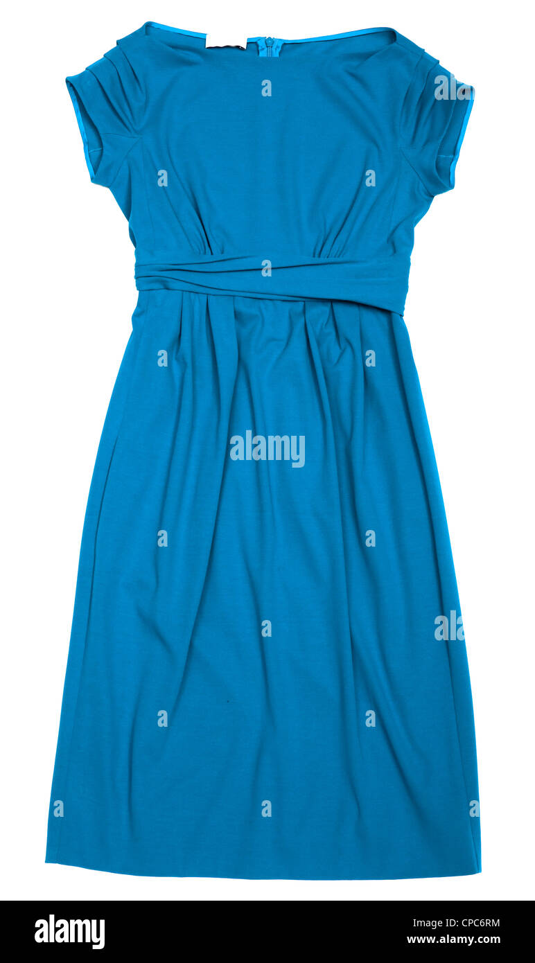 Verano vestido de mujer, sin mangas. El color del vestido es azul sobre fondo blanco. Objeto aislado. Foto de stock