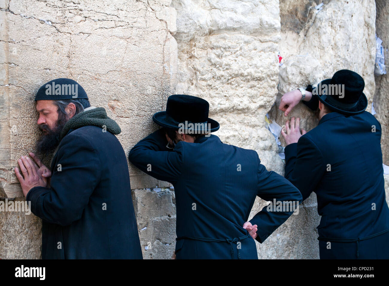 Los hombres rezan en el Muro de los Lamentos, el barrio judío de la Plaza del Muro Occidental, Ciudad Vieja, Jerusalén, Israel, Oriente Medio Foto de stock