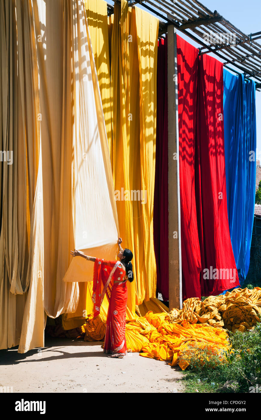 Mujer de sari, comprobando la calidad del tejido recién teñido para colgar en seco, Sari, fábrica de prendas de vestir, Rajastán, India, Asia Foto de stock