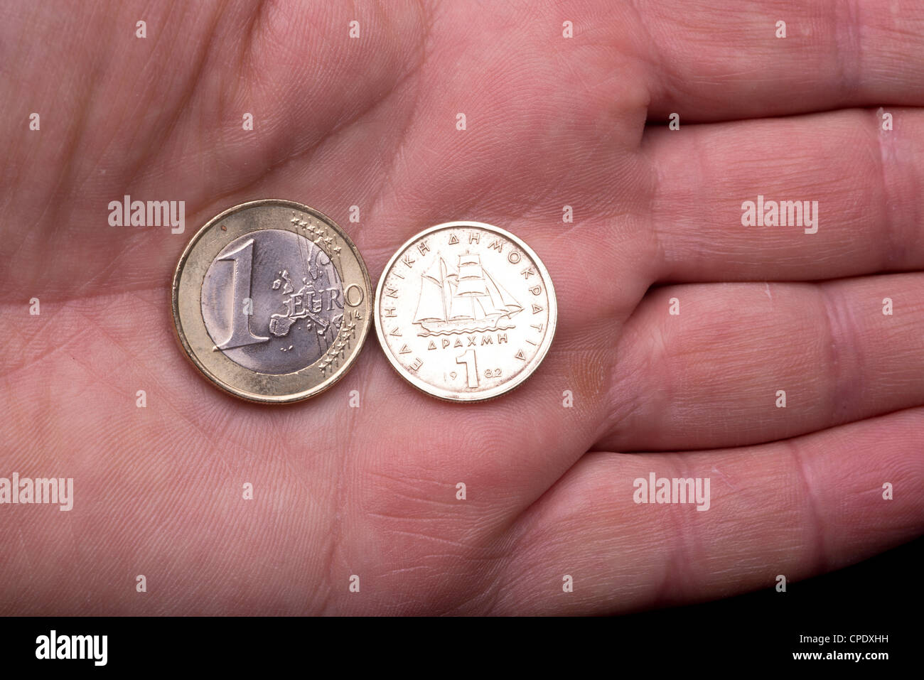 Crisis económica en Grecia, el futuro del euro. El pasaje en moneda dracma. Foto de stock