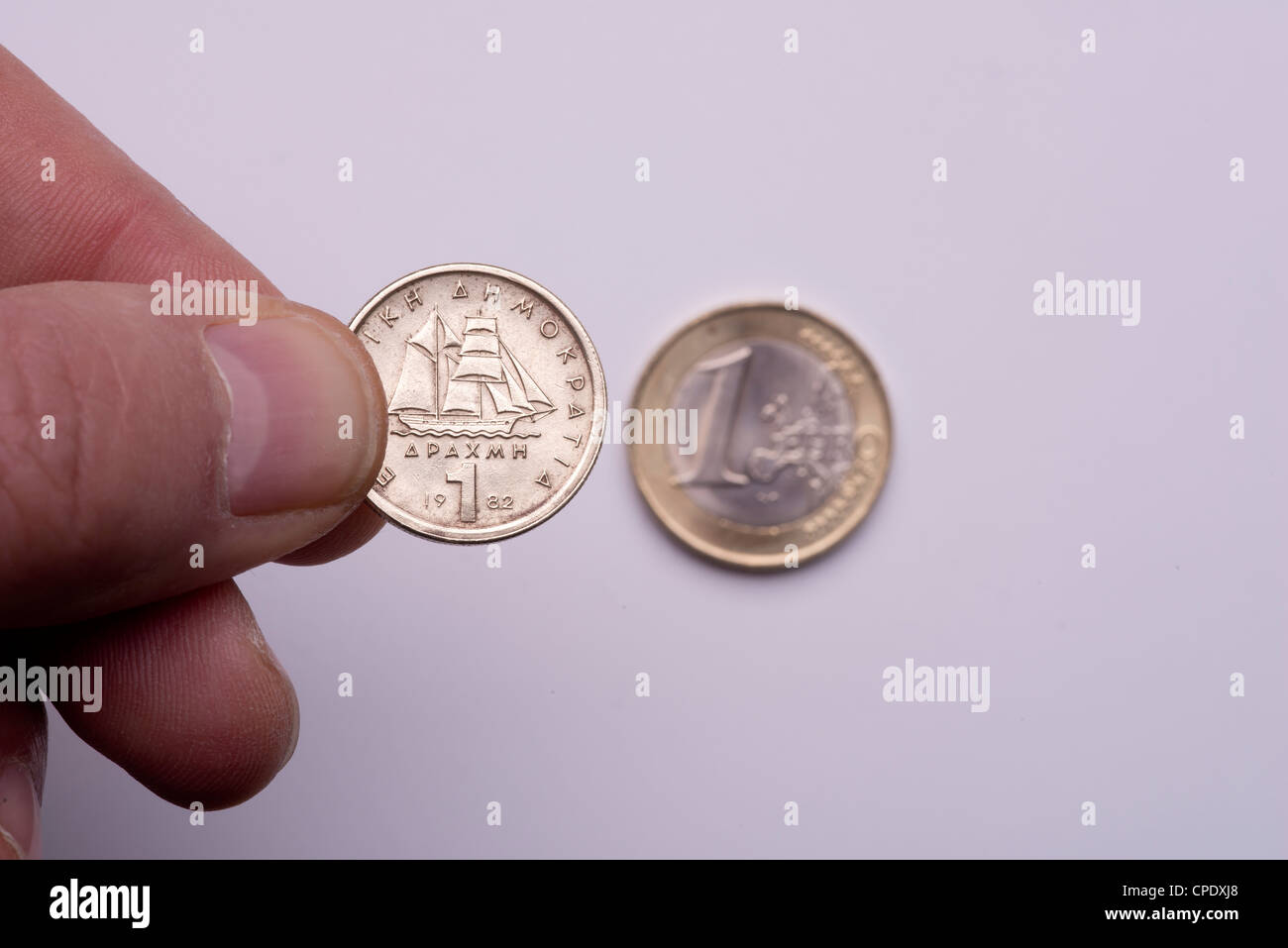 Crisis económica en Grecia, el futuro del euro. El pasaje en moneda dracma. Foto de stock