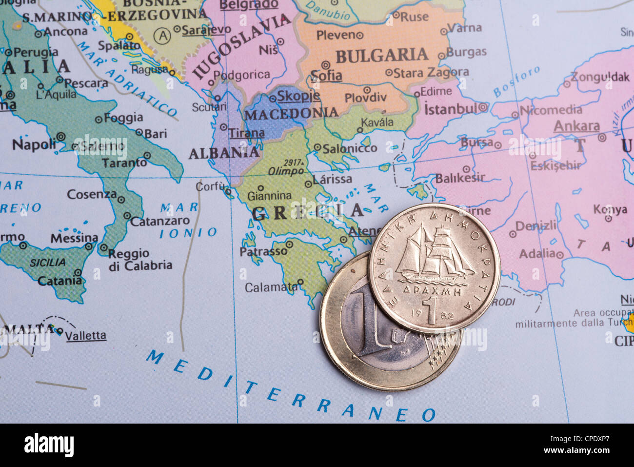 Crisis económica en Grecia, el futuro del euro. El pasaje en moneda dracma. Foto de stock