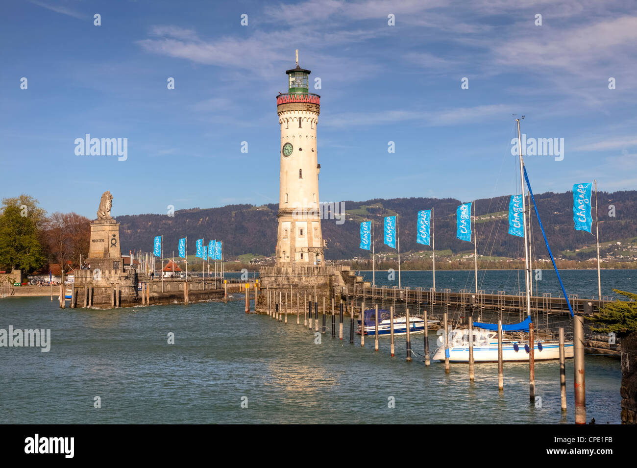 Lindau, Puerto León Bávaro, Faro, Baviera, Alemania Foto de stock