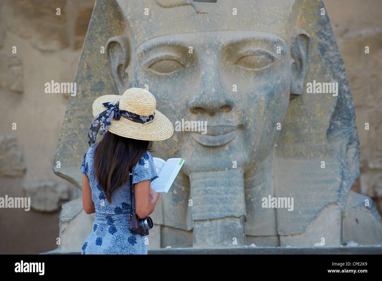 Turista estudiando una estatua del faraón Ramsés II, el Templo de Luxor, Luxor, Tebas, Sitio del Patrimonio Mundial de la UNESCO, Egipto, África Foto de stock