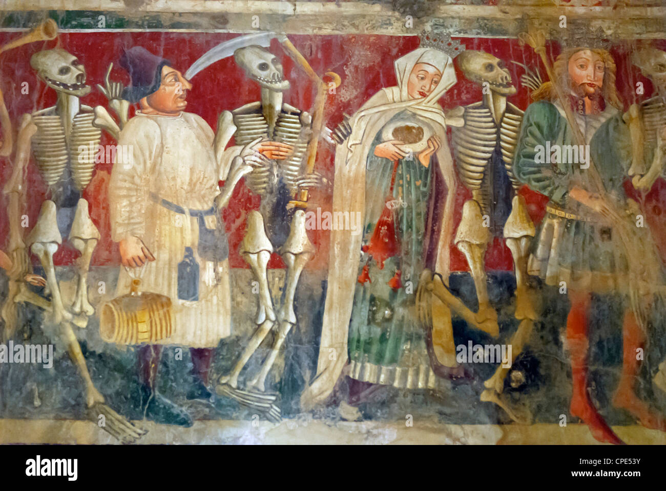 Detalle de la danza de la muerte fresco que datan de 1475, la capilla de la Virgen de las rocas, Beram, Istria, Croacia, Europa Foto de stock