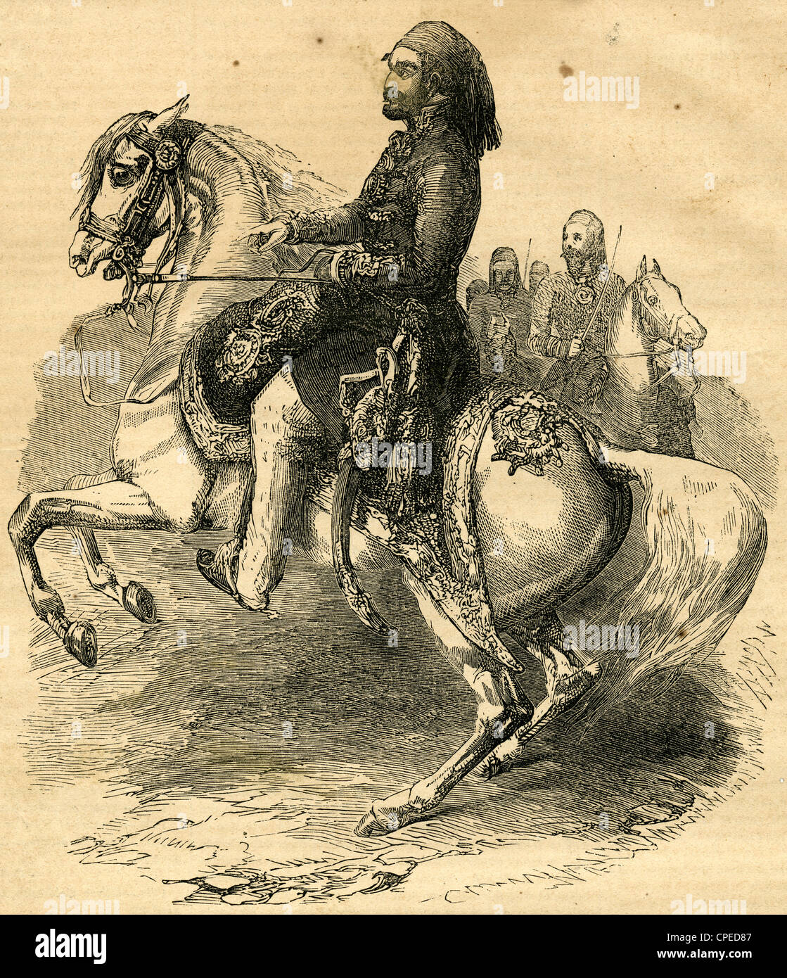 1854 Grabado, retrato ecuestre de Omar Pasha, Comandante de las fuerzas turcas. Foto de stock